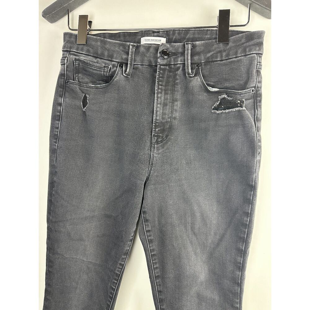 Good American Good Waist Ripped High Waist Crop Jeans Distressed Black Size 14 - Picture 3 of 12